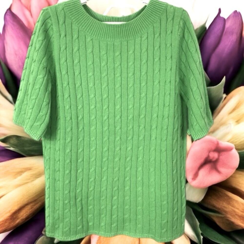 Talbots Kelly Green Cable Knit Sweater Elbow-length sleeves. Jewel necklines XS